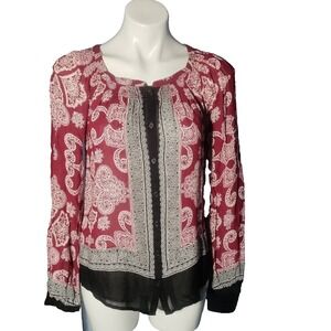 Lucky Brand Red Black Button Front Blouse Long Sleeve Shirt Size XS Beautiful